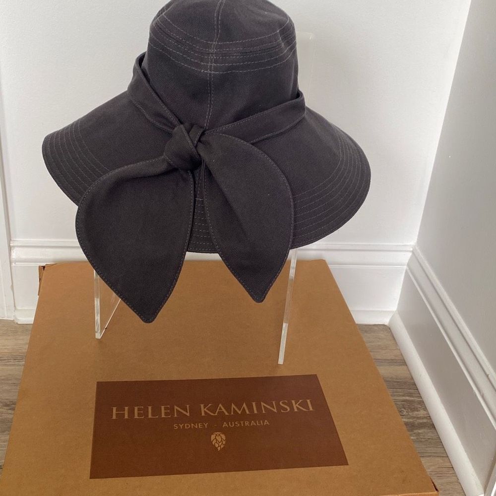 Helen Kaminski Australia Woven Cotton Twill Bow Bucket Sun Hat Dark Grey